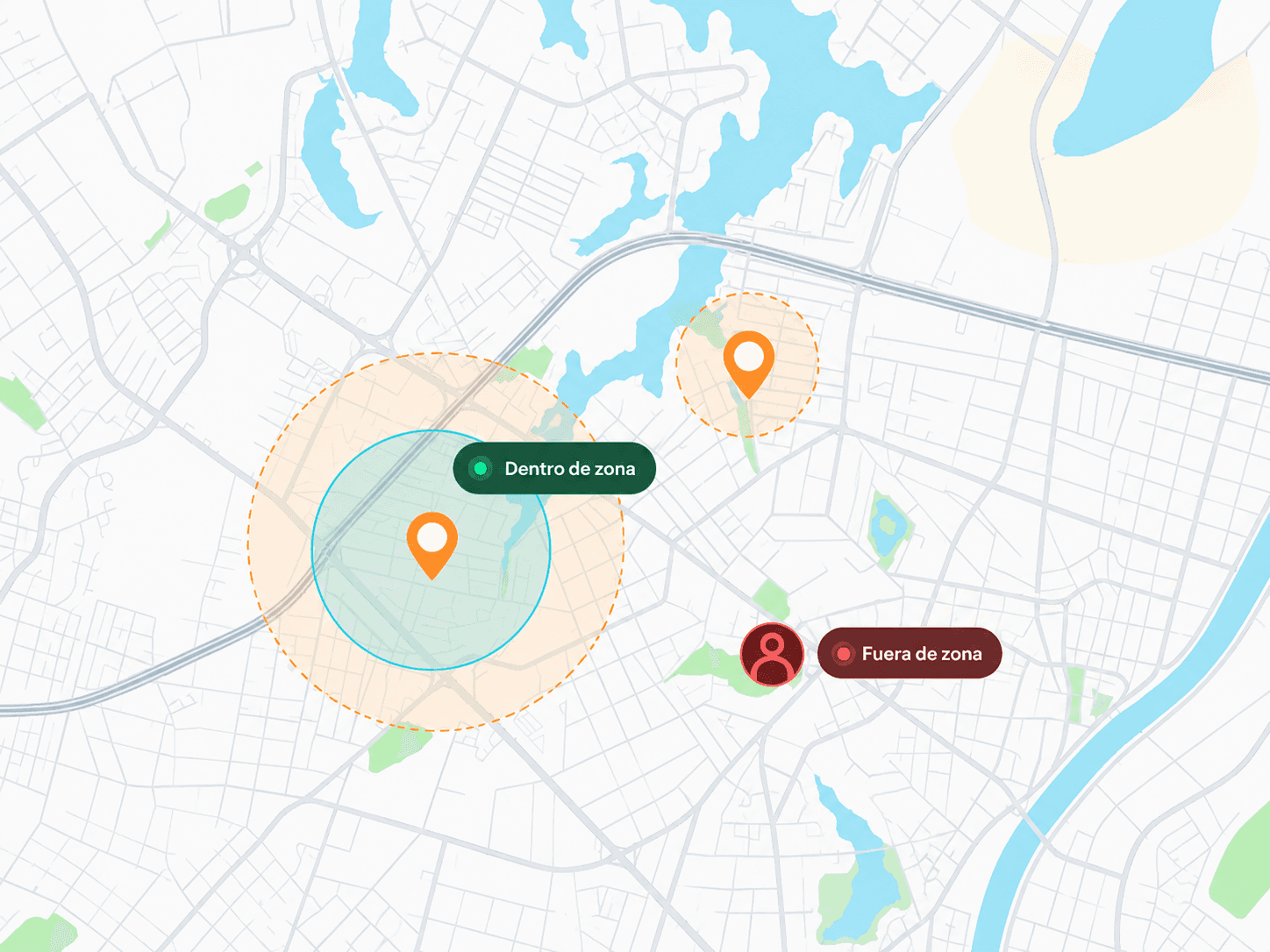 Demostración de geocerca con estados dentro y fuera de zona en TuChecador